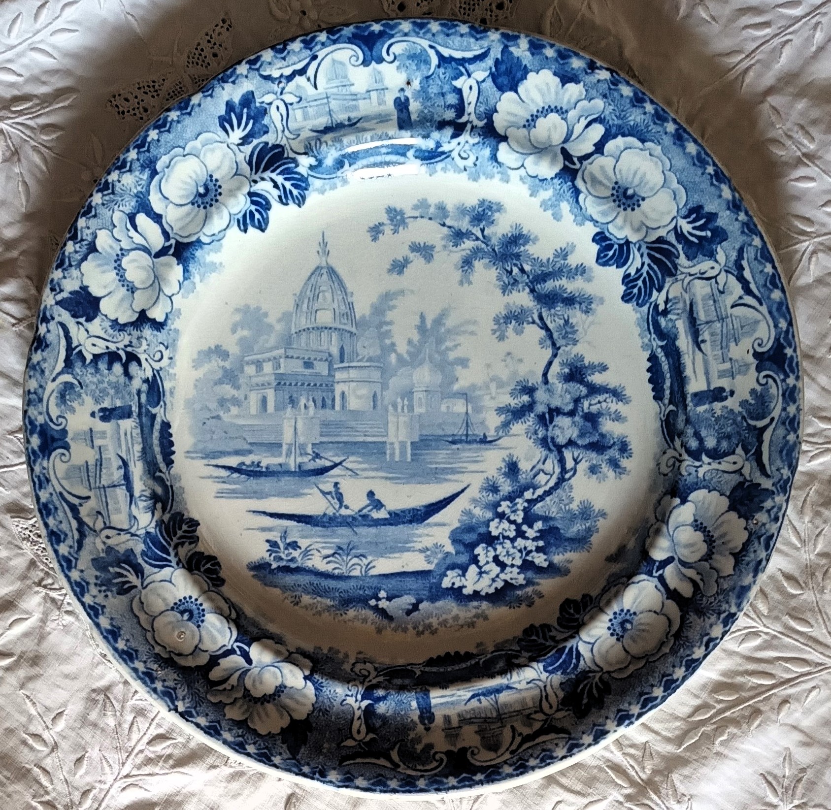 Antique English Georgian Blue and White Transfer Plate ~ “Surseya Ghaut Khanpore” ~ “Oriental Scenery Cartouche” series Antique Ceramics 3